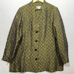 Coldwater Creek Green Gold Leaf Print Jacket  Large Button Front Elegant Shimmer